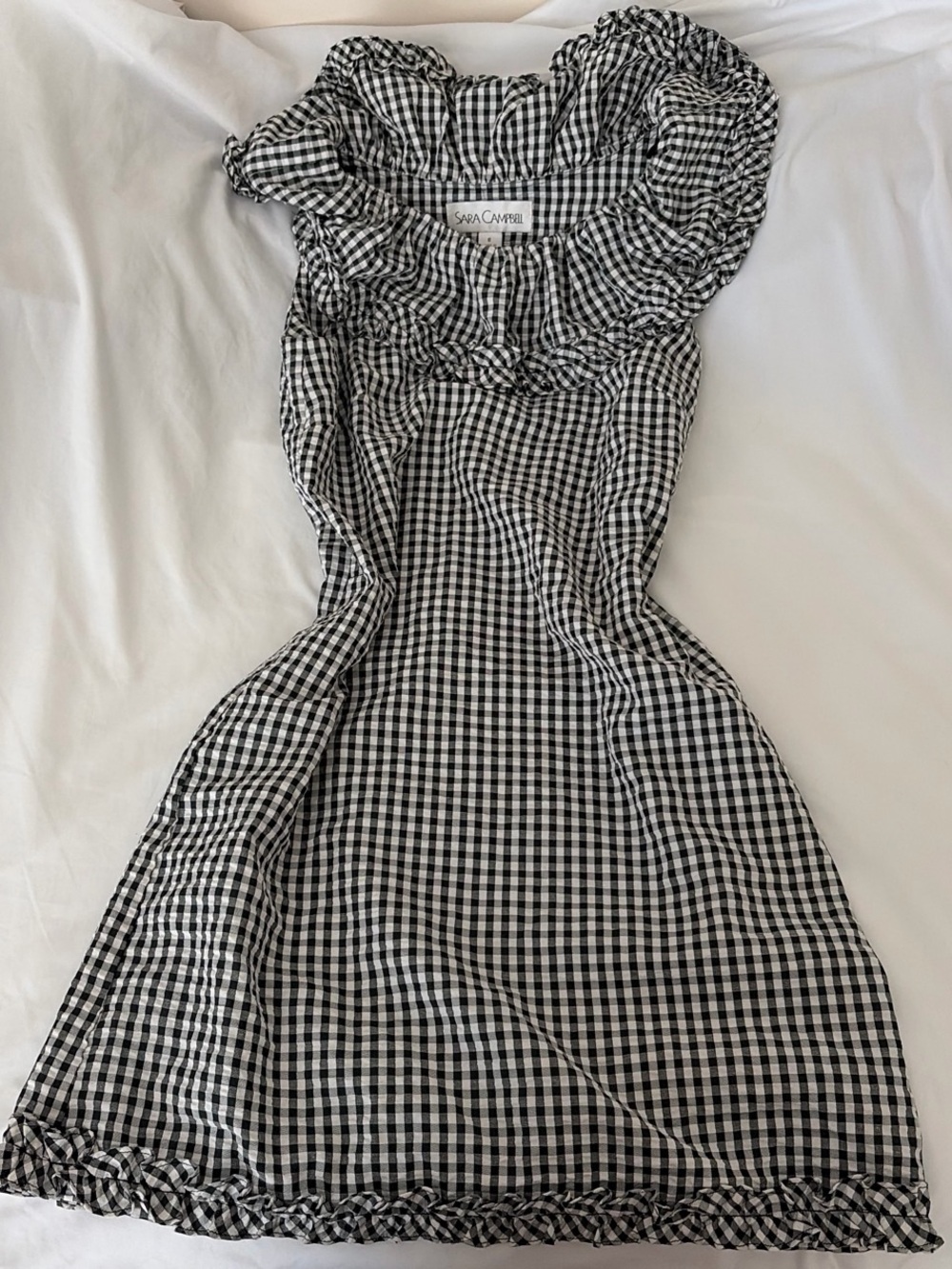 Sara Campbell Black & White Gingham Ruffle-Neck Mini Dress